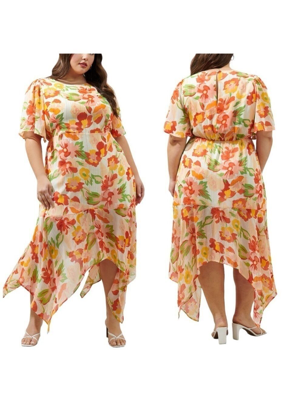 Sugarlips Curve Kailua Floral Metallic Aerin Asymmetrical Flutter Midi Dress